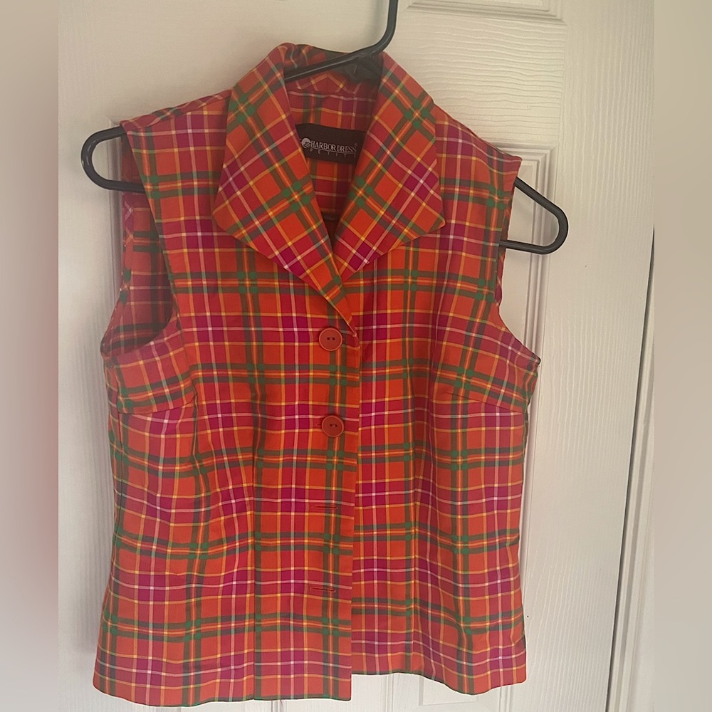 Vintage button down sleeveless check print blouse